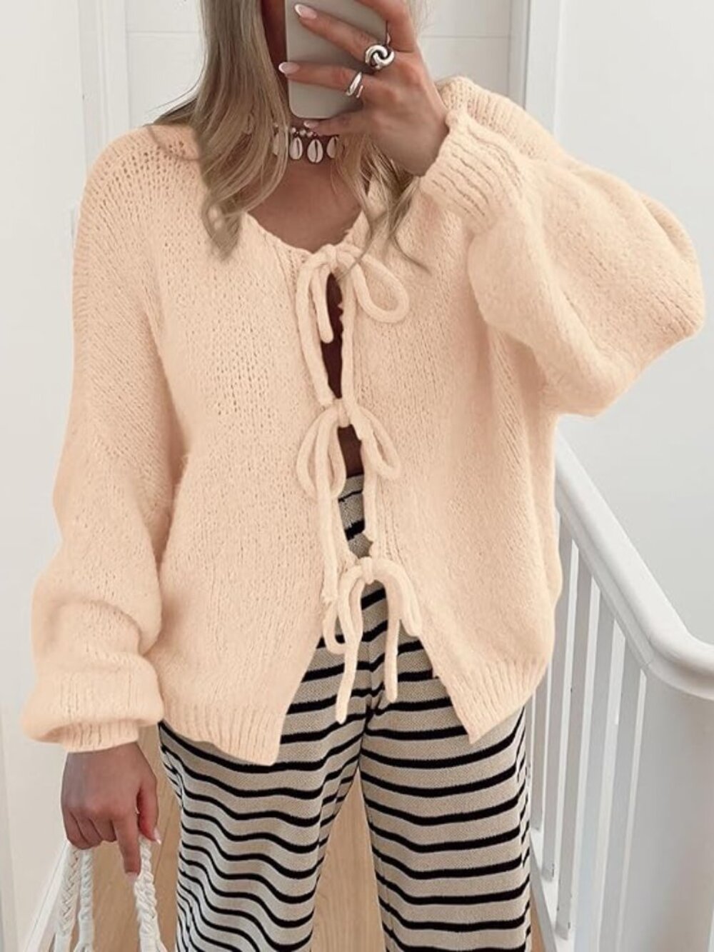 Women's Tie Front Bow Cardigan Sweaters Chunky Knit Long Puff Sleeve Trendy Fall